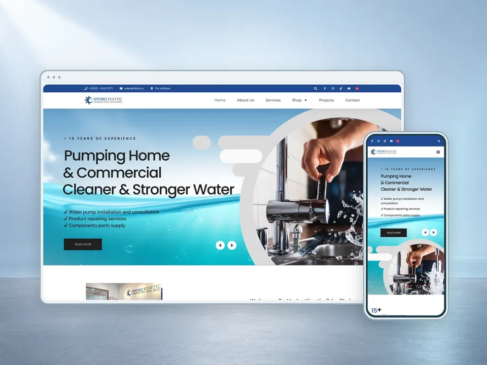 Hydro Kinetic website on a desktop and phone mockup, with the hero headline “Pumping home & commercial cleaner & stronger water”