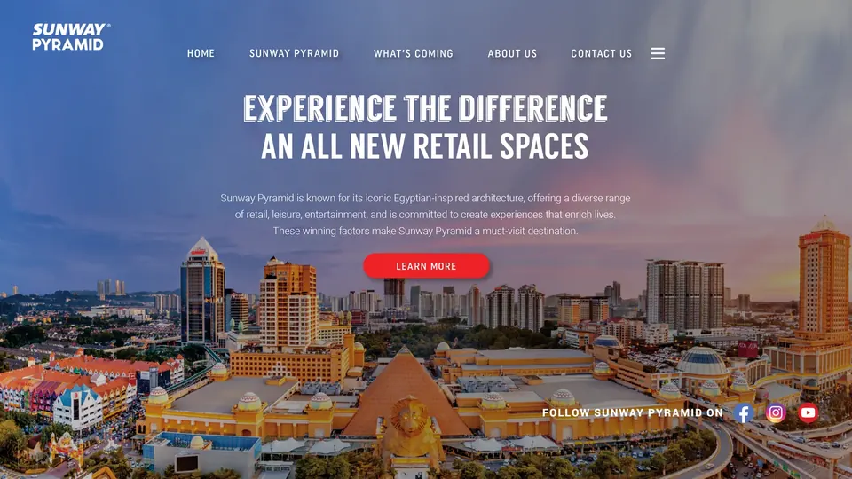 Sunway Pyramid microsite hero, headline “Experience the difference”, over an aerial photo of the mall and township